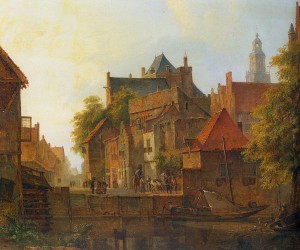 View of a town with a blacksmith at work on a quay